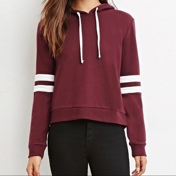 Forever 21 Tops - Forever 21 Cropped Maroon Hoodie w/ Stripes Size M